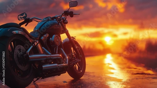 A motorbike silhouetted against a stunning sunset, with the warm golden hues of the sky casting a dramatic glow. The bike stands out in the foreground, emphasizing the freedom and adventure of an open