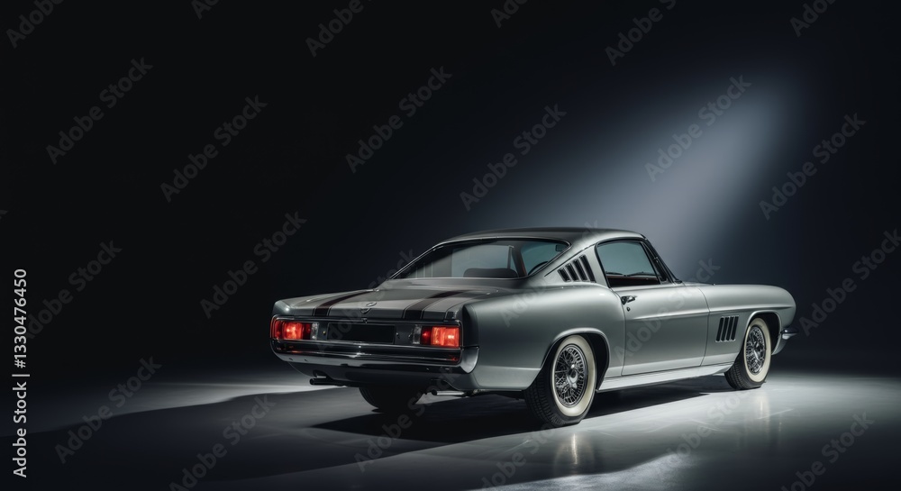 Classic car in spotlight showcasing sleek design on dark background Classic car in spotlight showcasing sleek design on dark background