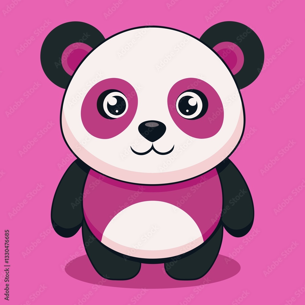 Fototapeta premium A cute cartoon panda with pink accents, round eyes, and a friendly expression on a vibrant pink background, designed in a modern, kawaii art style.