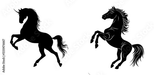 Flat vector black Silhouette of A powerful, muscular horse rearing up on its hind legs, its head held high, with a flowing mane and tail