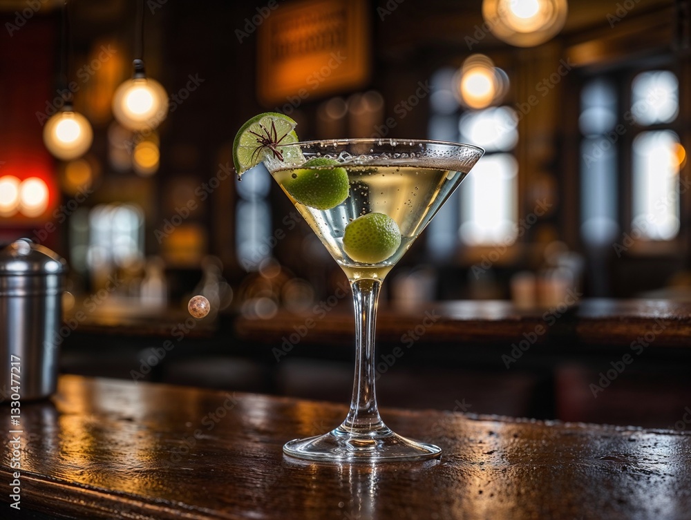 Martini drink with lime and olives in a pub, blurred background.
