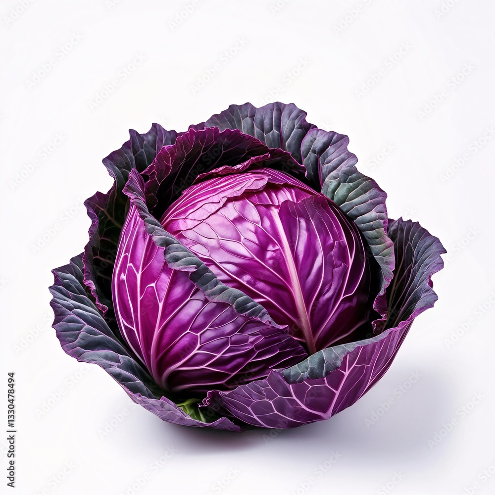 Obraz premium A fresh red cabbage with richly textured purple leaves and white veins, ideal for healthy recipes, organic cooking, and nutritional lifestyles.