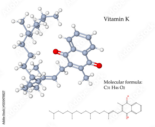 3d illustration (on transparent background) of molecular structure and chemical formula. Vitamin K is important for blood coagulation and for controlling binding of calcium in bones and other tissues