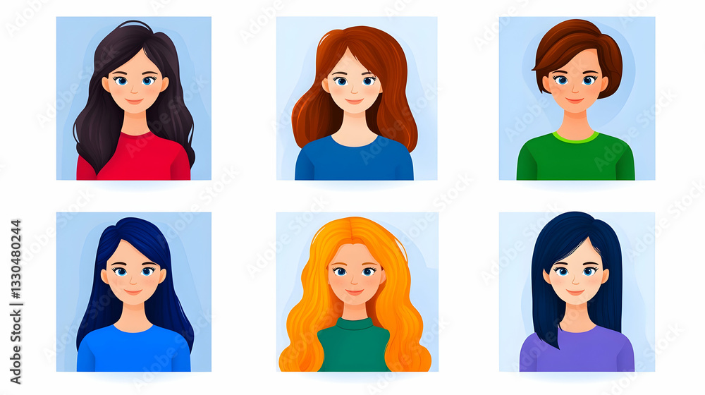 Six diverse female avatars with various hairstyles and clothing Six diverse female avatars with various hairstyles and clothing