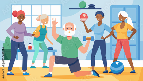 A senior center with a team of fitness coaches facilitating group fitness classes and oneonone consultations to promote overall wellness in their aging members.. Vector illustration