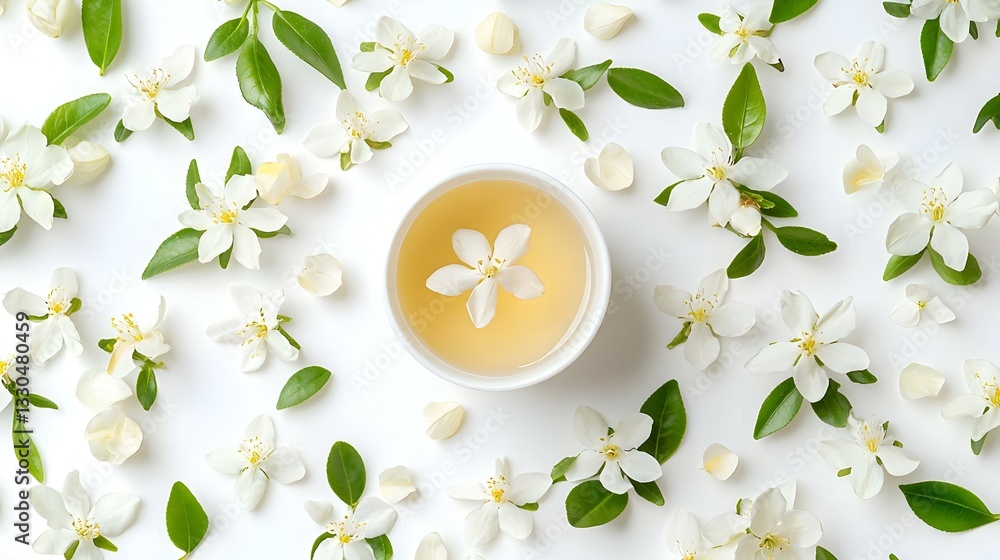 Jasmine flowers and cup of herbal tea on white