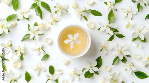 Obraz na płótnie Jasmine flowers and cup of herbal tea on white w salonie