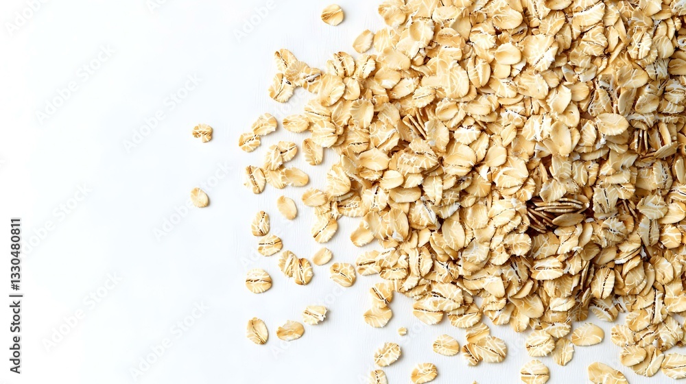 Lot of whole flat raw rolled oats above flatlay Lot of whole flat raw rolled oats above flatlay