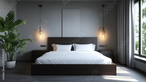 3D rendering of a minimalist bedroom with a dark wood bed, white sheets, grey walls, and subtle soft lighting from wall-mounted lamps