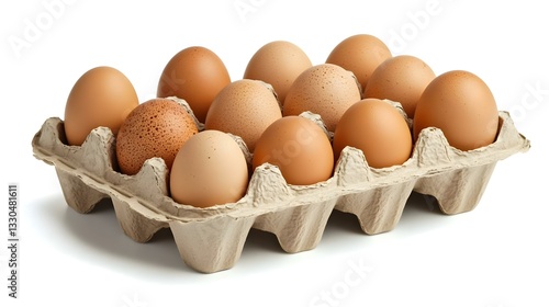 one dozen brown eggs in a cardboard egg carton