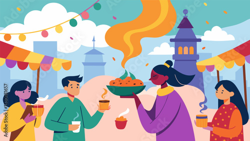 The fragrant aroma of street food fills the air tempting passersby to join in on the festivities.. Vector illustration