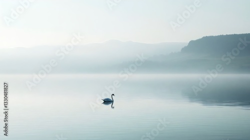 A calm lake with a single swan, minimalist design