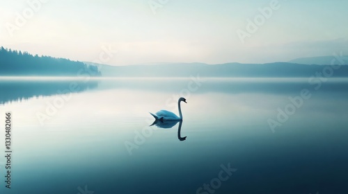 A calm lake with a single swan, minimalist design