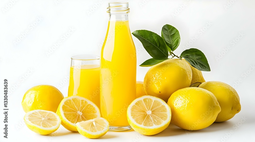 Refreshing lemon juice in bottle and glass Refreshing lemon juice in bottle and glass