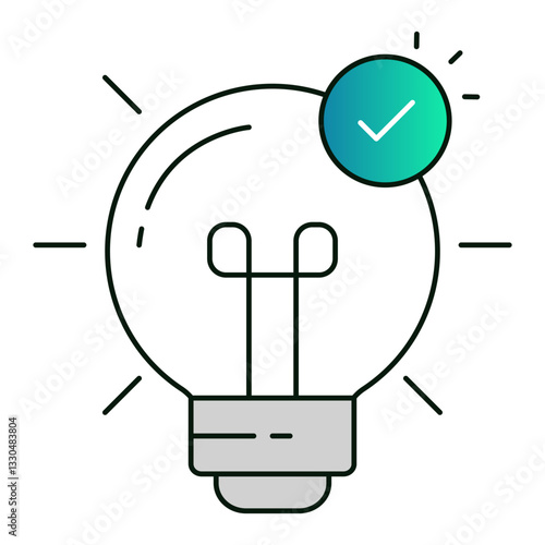 Light bulb with a checkmark representing idea validation, creative thinking, and approved innovation strategies, editable stroke