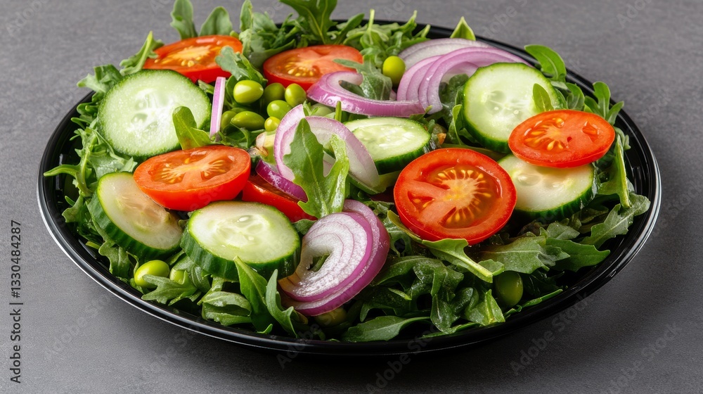 Vibrant arugula salad featuring fresh vegetables and healthy edamame beans on a sleek black plate Vibrant arugula salad featuring fresh vegetables and healthy edamame beans on a sleek black plate