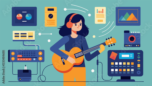 Every time the musician strummed her guitar data flowed through the audio interface and into the recording software capturing every note and nuance accurately and effectively.. Vector illustration