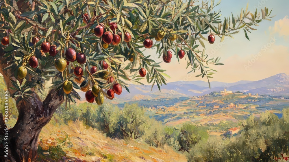 Obraz premium Ripe olives on an olive tree in a mediterranean landscape, capturing the essence of summer