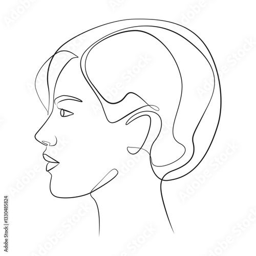 Woman head line drawing on white isolated background, side view. Short hair with voluminous hairstyle