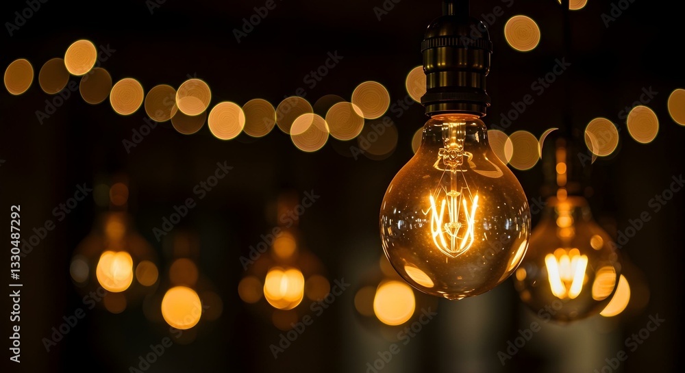 Close-up shot of a hanging light bulb with a warm glow, surrounded by other blurred light bulbs and bokeh lights in the background Close-up shot of a hanging light bulb with a warm glow, surrounded by other blurred light bulbs and bokeh lights in the background