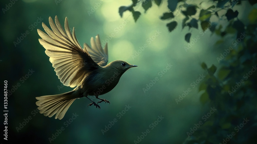 Fototapeta premium Bird in Flight with Open Wings Against Green Bokeh Background