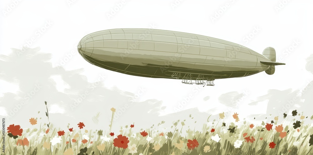 Obraz premium An airship floats over a field of flowers under a cloudy sky