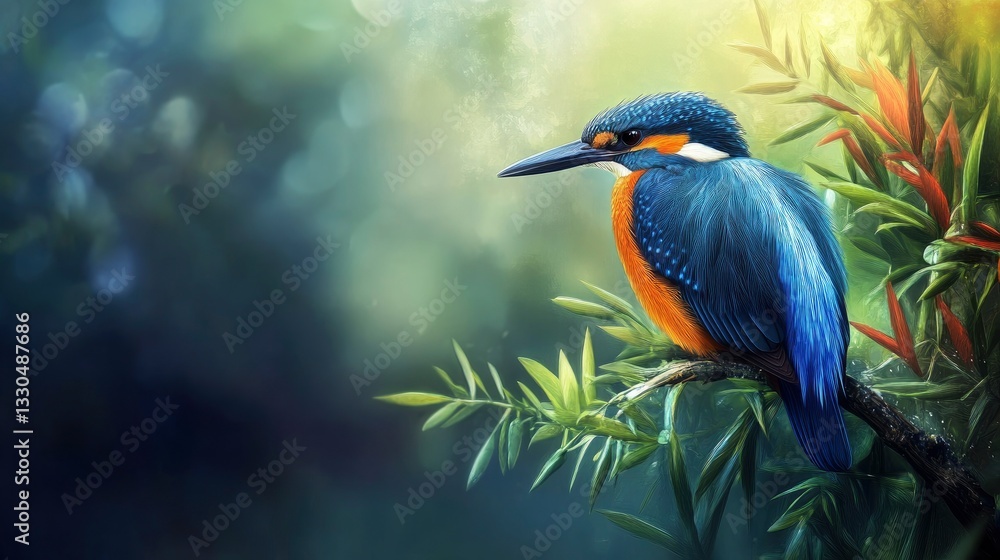 Fototapeta premium Kingfisher Perched on Branch in Lush Greenery and Sunlight