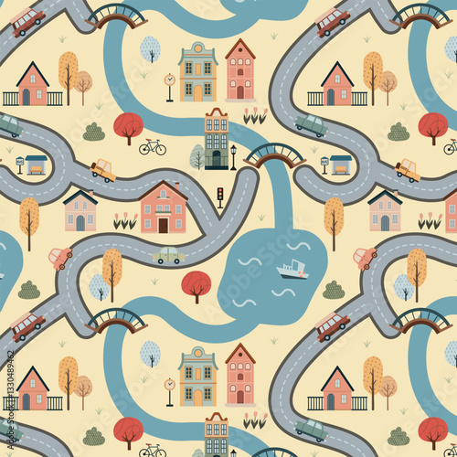 Childish city map creator easy simple drawing with buildings, trees and cars.  Seamless pattern.