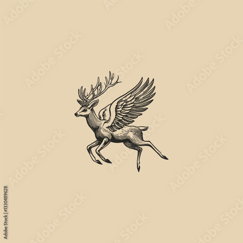 Winged deer engraving design vector template illustration