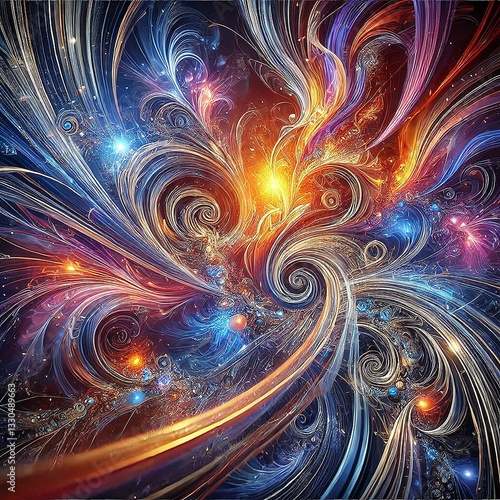 Abstract digital art with swirling light, cosmic energy and vibrant colors