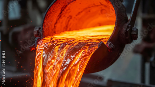 Molten metal pouring from a furnace at a metalworking facility during daylight