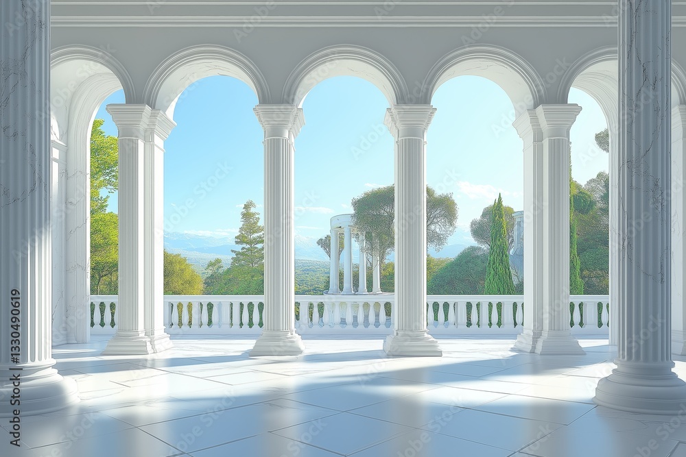 Obraz premium Elegant architectural palace setting with columned balcony overlooking serene landscape