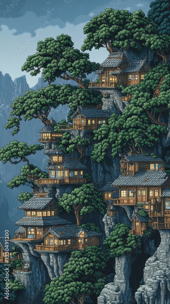 Fototapeta premium A picturesque hillside town nestled among flourishing green trees