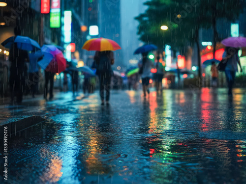 Wallpaper Mural Colorful umbrellas contrast with rainy streets in a bustling urban environment during a nighttime downpour Torontodigital.ca