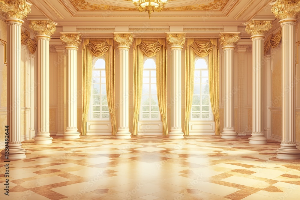 Obraz premium Grand hall with large windows in palace or castle, surrounded by lush greenery