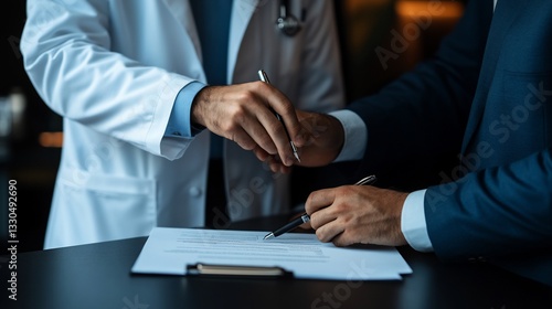 Doctor and businessman finalize healthcare agreement through document signing