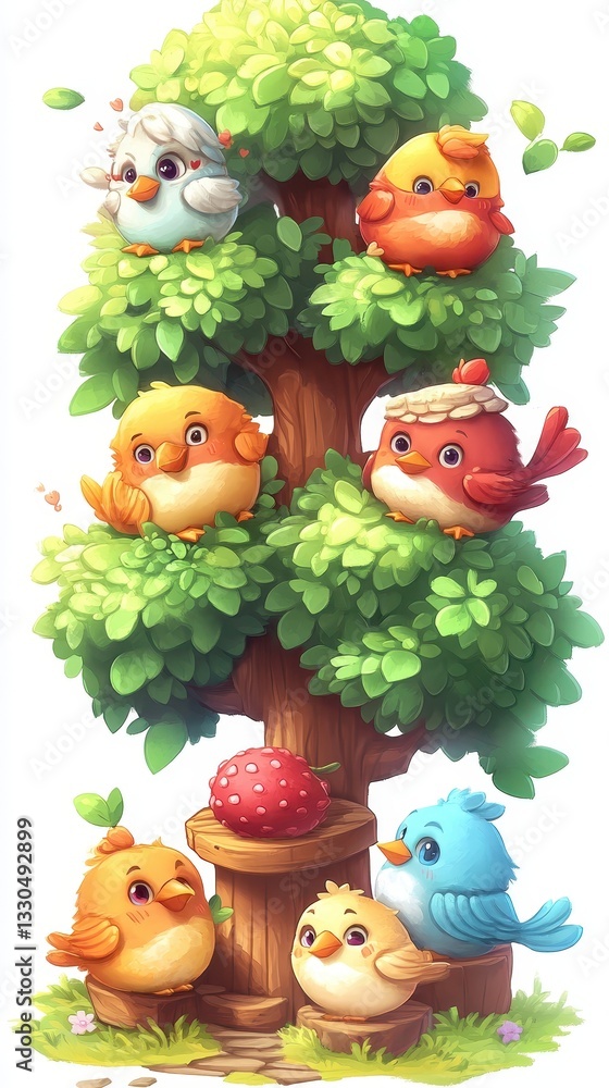 Fototapeta premium Cute animated birds are perched on a tree with sweet berries