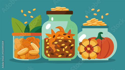 An exotic mix of Cajuned corn nuts piripiriflad pretzel twists and masalainfused pumpkin seeds presented in a glass apothecary jar.. Vector illustration