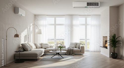 Serene living room bathed in soft sunlight showcasing minimalist design. AI Generated