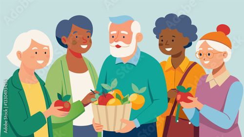 A group of seniors eagerly shop at a local farmers market with their dietitian learning how to select the best seasonal produce for their meal planning.. Vector illustration