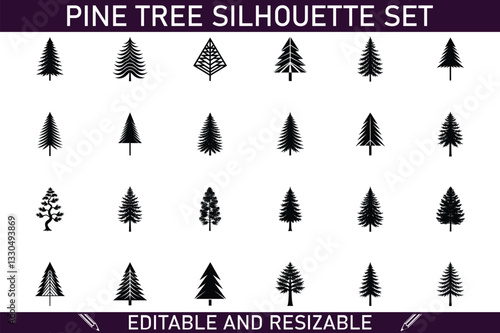 Pine Tree Silhouettes Editable, Resizable Vector Graphics Set