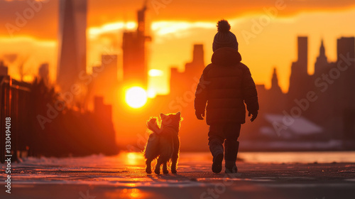 Fototapeta Naklejka Na Ścianę i Meble -  A child walks with a small dog at sunset through the city streets, rear view