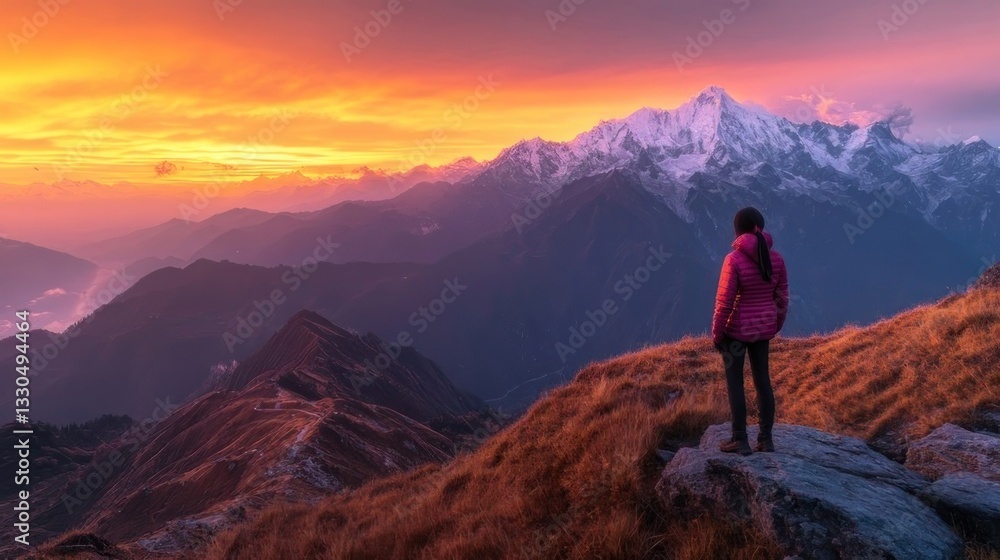 Fototapeta premium A hiker gazes at a breathtaking sunrise over snow-capped mountains