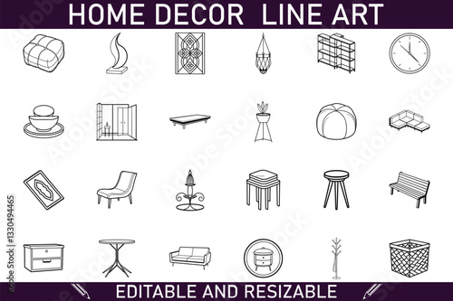 Editable Home Decor Line Art Furniture, Clocks, and Plants