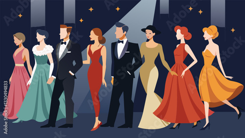 A parade of elegant evening gowns and tuxedos wowed the audience showcasing the timeless glamour of Old Hollywood fashion.. Vector illustration