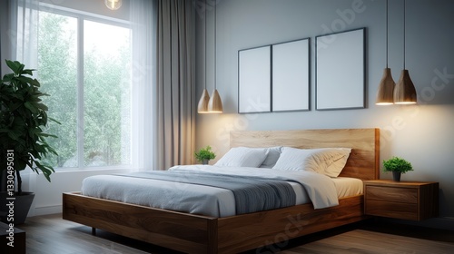 A cozy bedroom with a wooden bed in a light walnut finish, featuring a soft white and grey color scheme