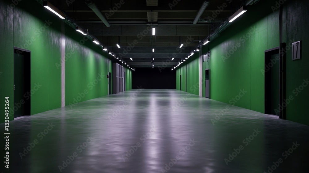 Mysterious green hallway with repeating doors and stark lighting installation