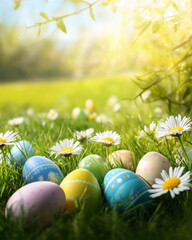Art decorated easter eggs in the grass with daisies 
