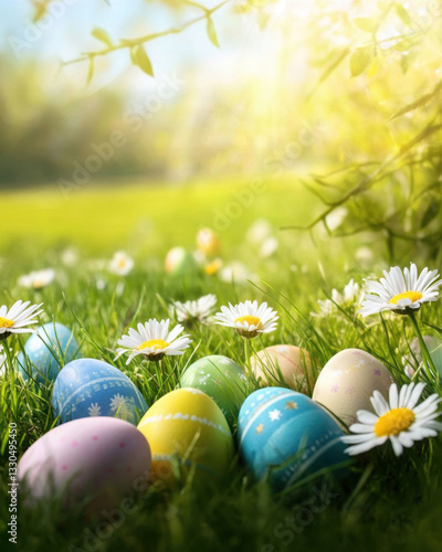 Art decorated easter eggs in the grass with daisies 

