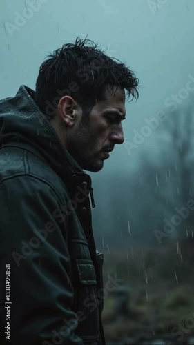 vertical video of a man standing sadly in the rain.